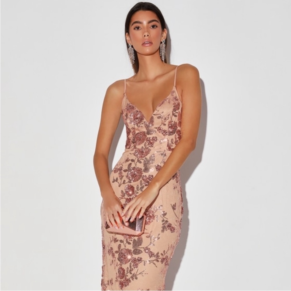 NWT Lulus Shine Elegant Language Rose Gold Sequin Mermaid Maxi Dress Sz Small - Picture 4 of 8
